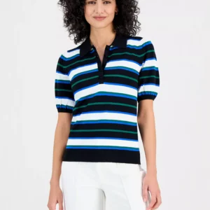 Women's Striped Elbow-Sleeve Polo Shirt