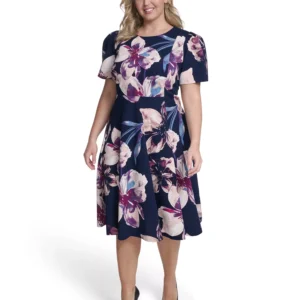 Plus Size Short-Sleeve Fit & Flare Midi Dress