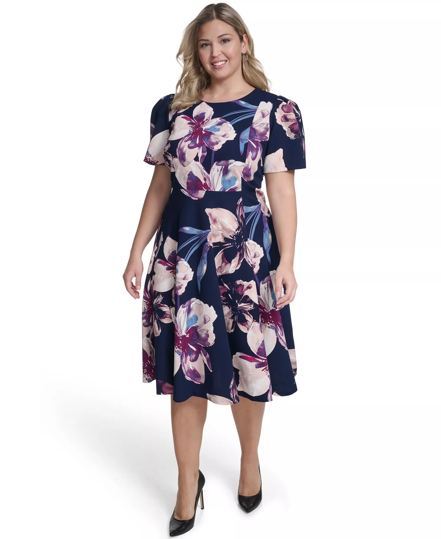 mni-b665fa49d1b4a917116792491a72afb7 Plus Size Short-Sleeve Fit & Flare Midi Dress