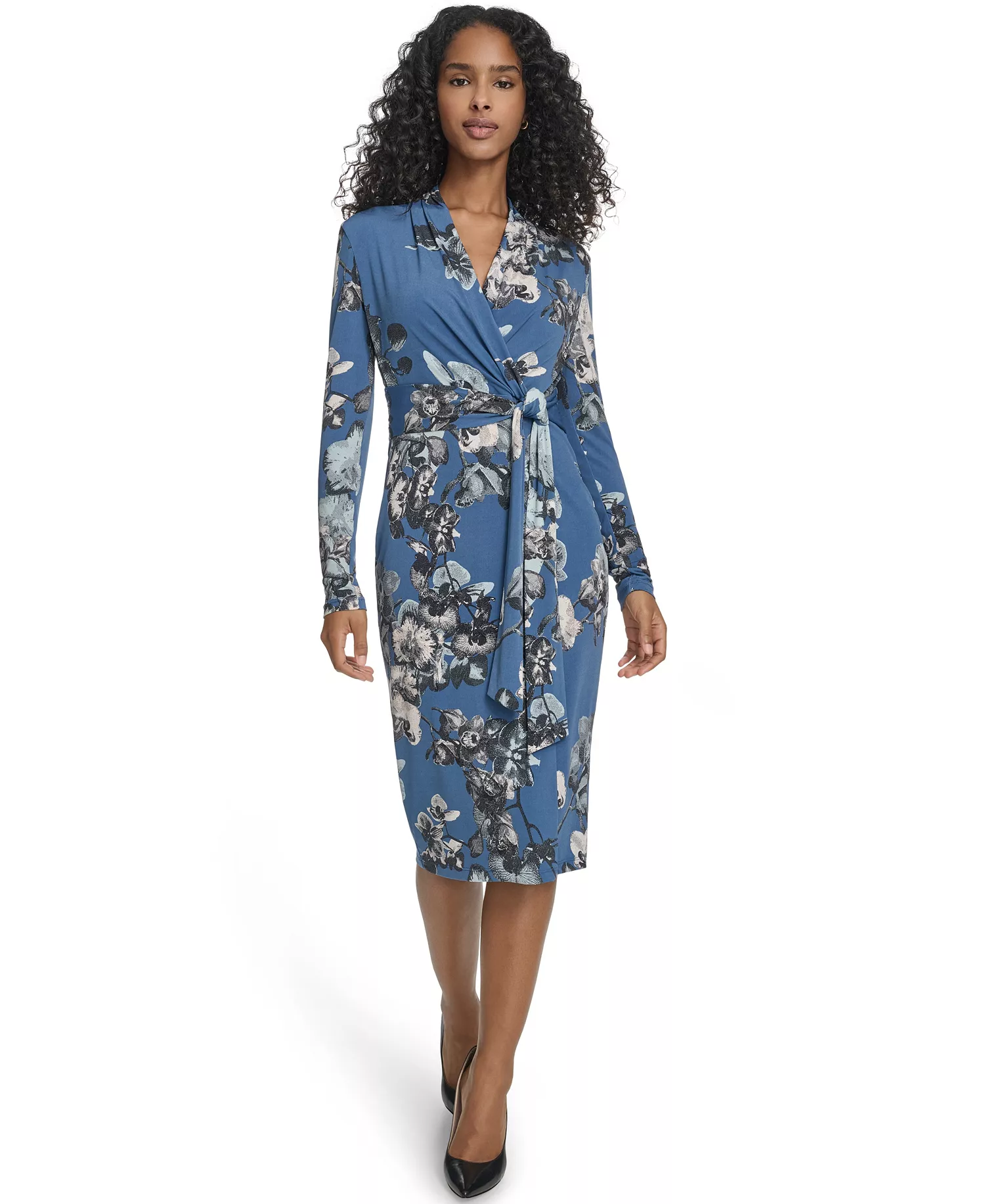 mni-b667e56fbf9b682538cb36f78453b866 Women's Printed Surplice V-Neck Midi Dress