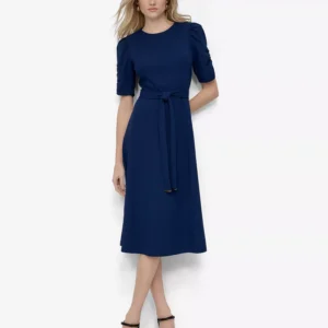 Women's Ruched-Sleeve Belted Fit and Flare Midi Dress