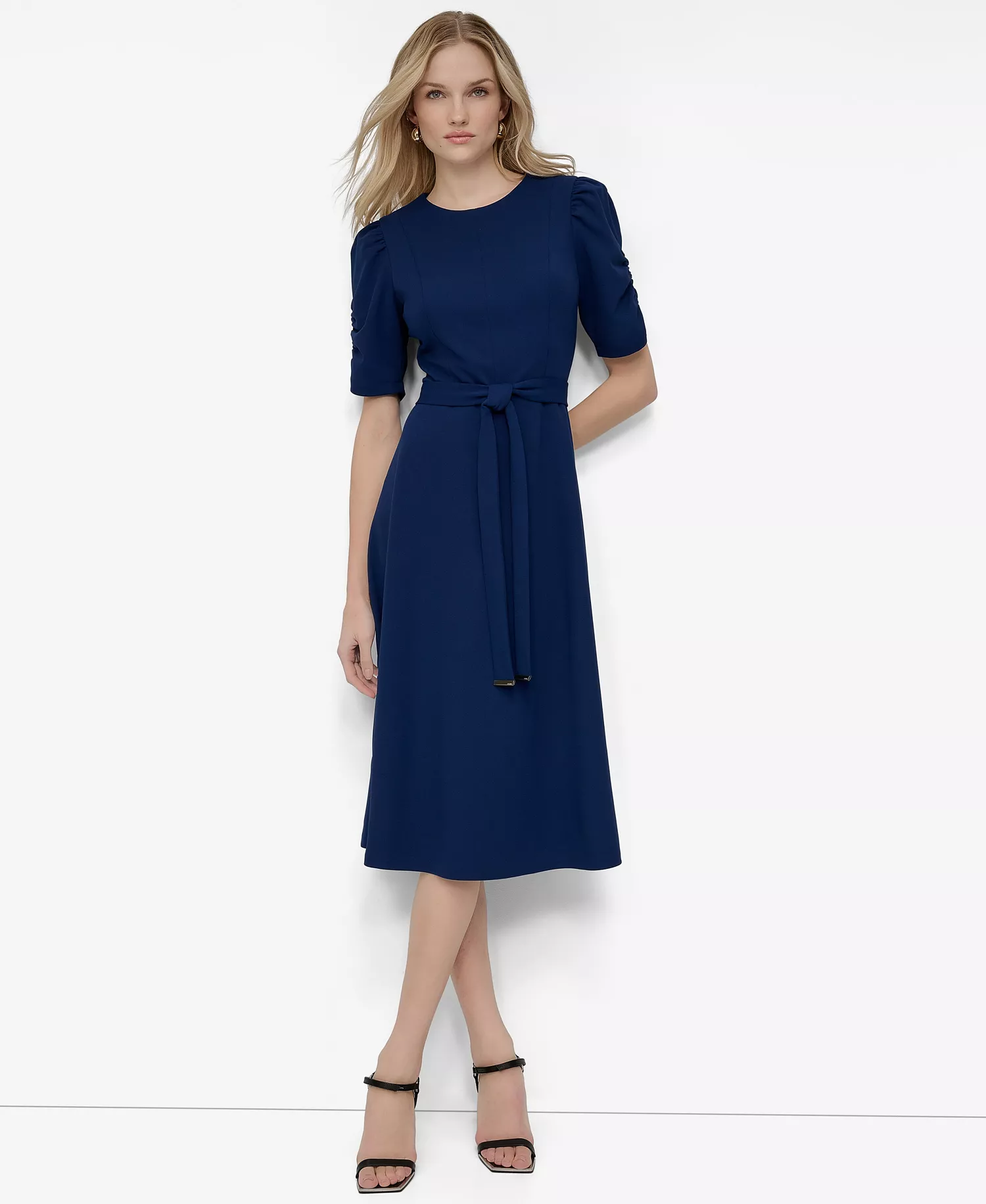 mni-b710861d7edb918315995cfbff5d87fb Women's Ruched-Sleeve Belted Fit and Flare Midi Dress
