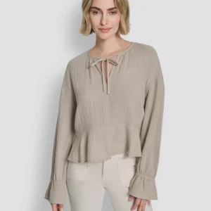 Women's Long-Sleeve Double Crepe Gauze Tie Neck Crop Top