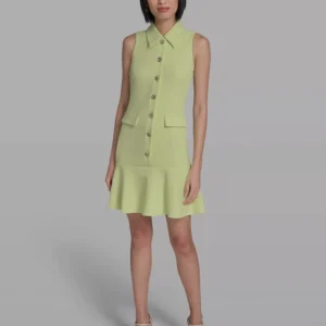 Women's Flower-Button Collared Sleeveless Shift Dress