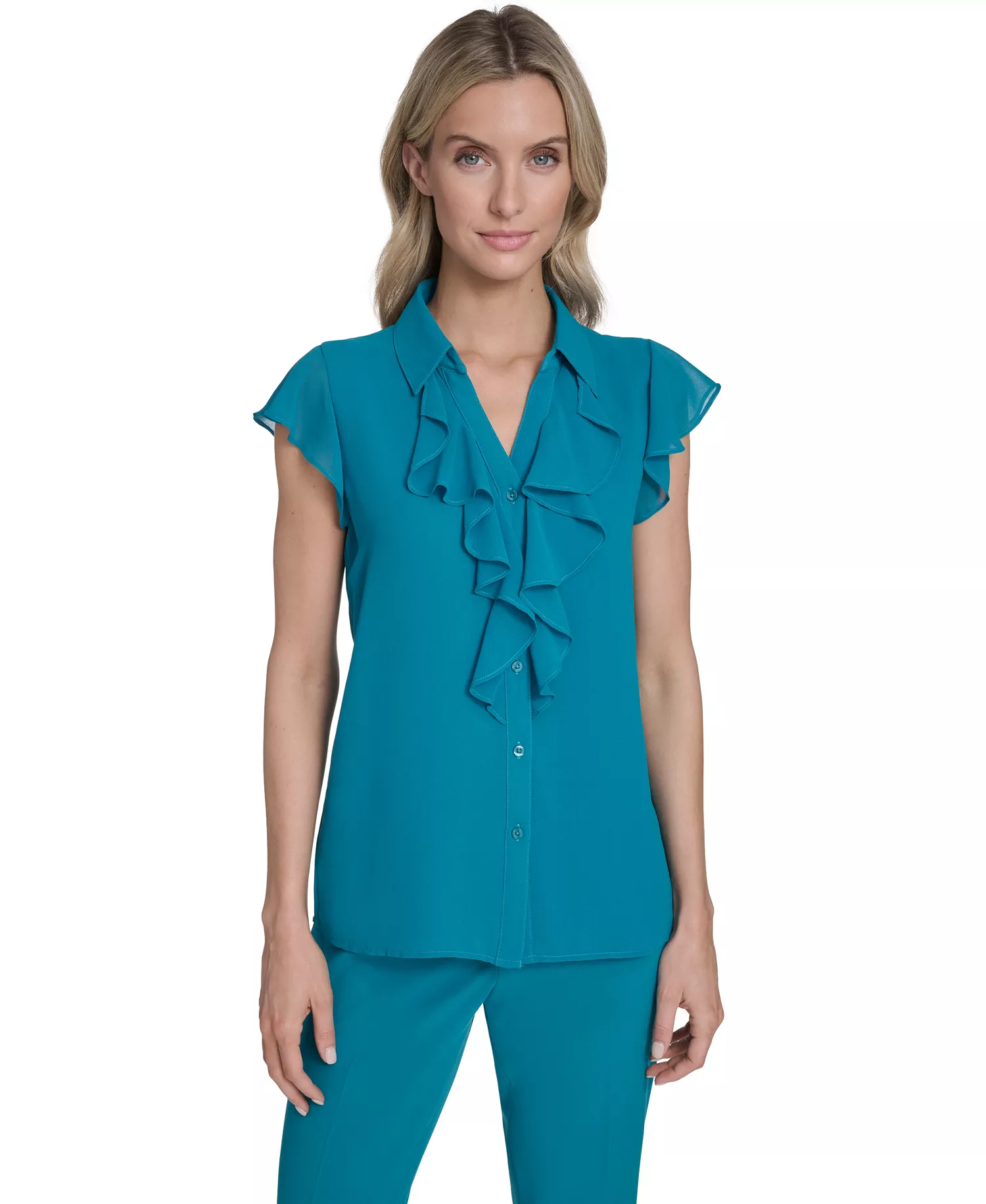 mni-b8a075b01e48465f10978678d8a846d8 Petite Short-Sleeve Ruffle Top