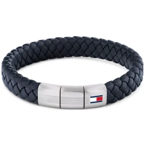 Men's Blue Leather with Stainless Steel Braided Bracelet