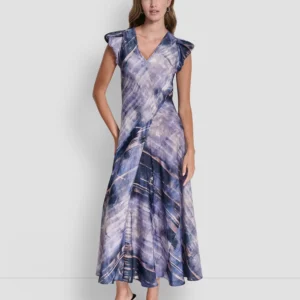 Women's Puff-Sleeve Printed Satin Bias Cut Dress