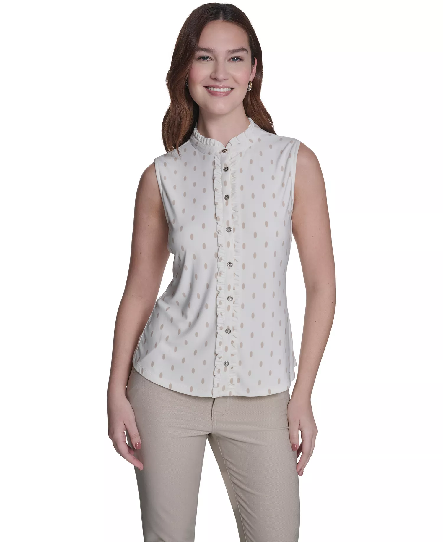 mni-bb6cd55f64c7f872754fe62c04985e88 Women's Ruffle Placket Dot Top