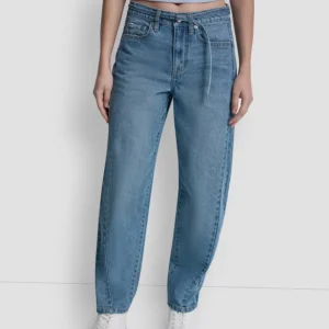 Women's Mid-Rise Forward Seamed Barrel Jeans With Self Belt