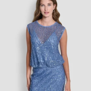 Women's Sleeveless Bubble Hem Sequin Knit Top
