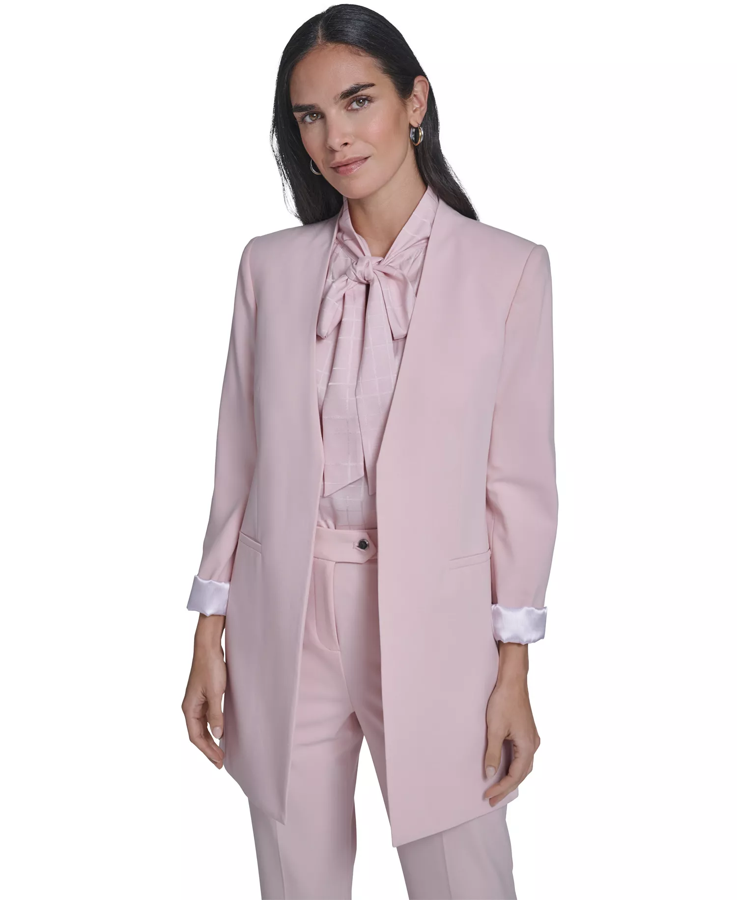 mni-bbdb423b2a6bf5707d481ebbe039d18d Women's Open-Front Topper Jacket, Sleeveless Tie Neck Blouse, and Modern Fit Straight Pants