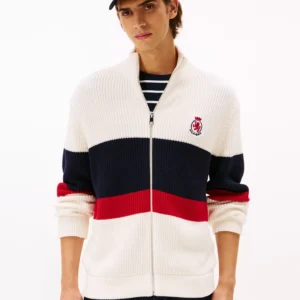 Men's Crest Logo Patch Zip-Through Stripe Sweater