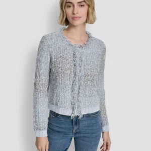 Women's Long-Sleeve Tweed Fringe Trimmed Sweater Jacket