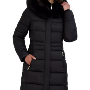 Womens Velvet Bibbed Faux-Fur Hooded Puffer Coat