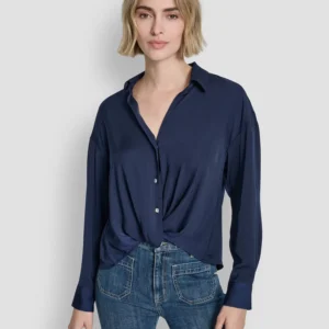 Women's Long-Sleeve Rhinestone Button-Front Shirt With Twist Hem