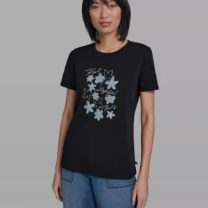 Women's Crew Neck Denim Flower T-Shirt