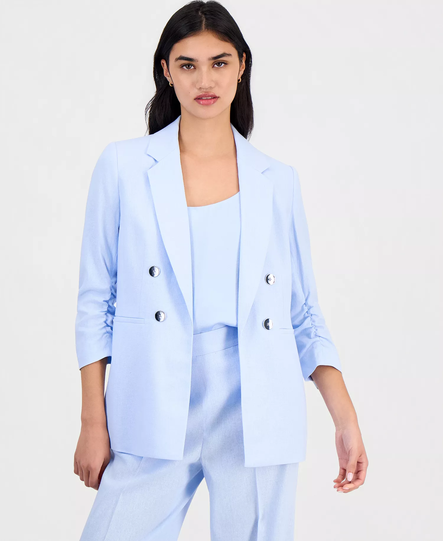mni-c058961b78b07716d1f4b817d4e87905 Women's Linen-Blend Scrunch-Sleeve Blazer, Button-Front Vest & Pull-On Pants, Macy's Exclusive — изображение 5