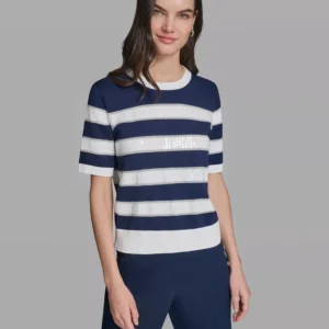 Women's Short-Sleeve Crewneck Sequin Stripe Sweater