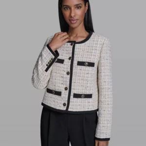 Women's Five-Button Round Neck Tweed Jacket