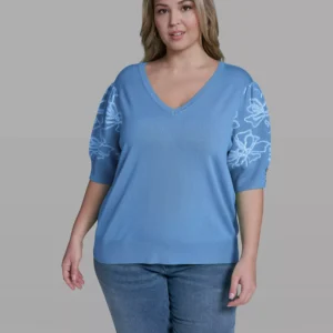 Women's V-Neck Floral Embroidered Short Sleeve Sweater