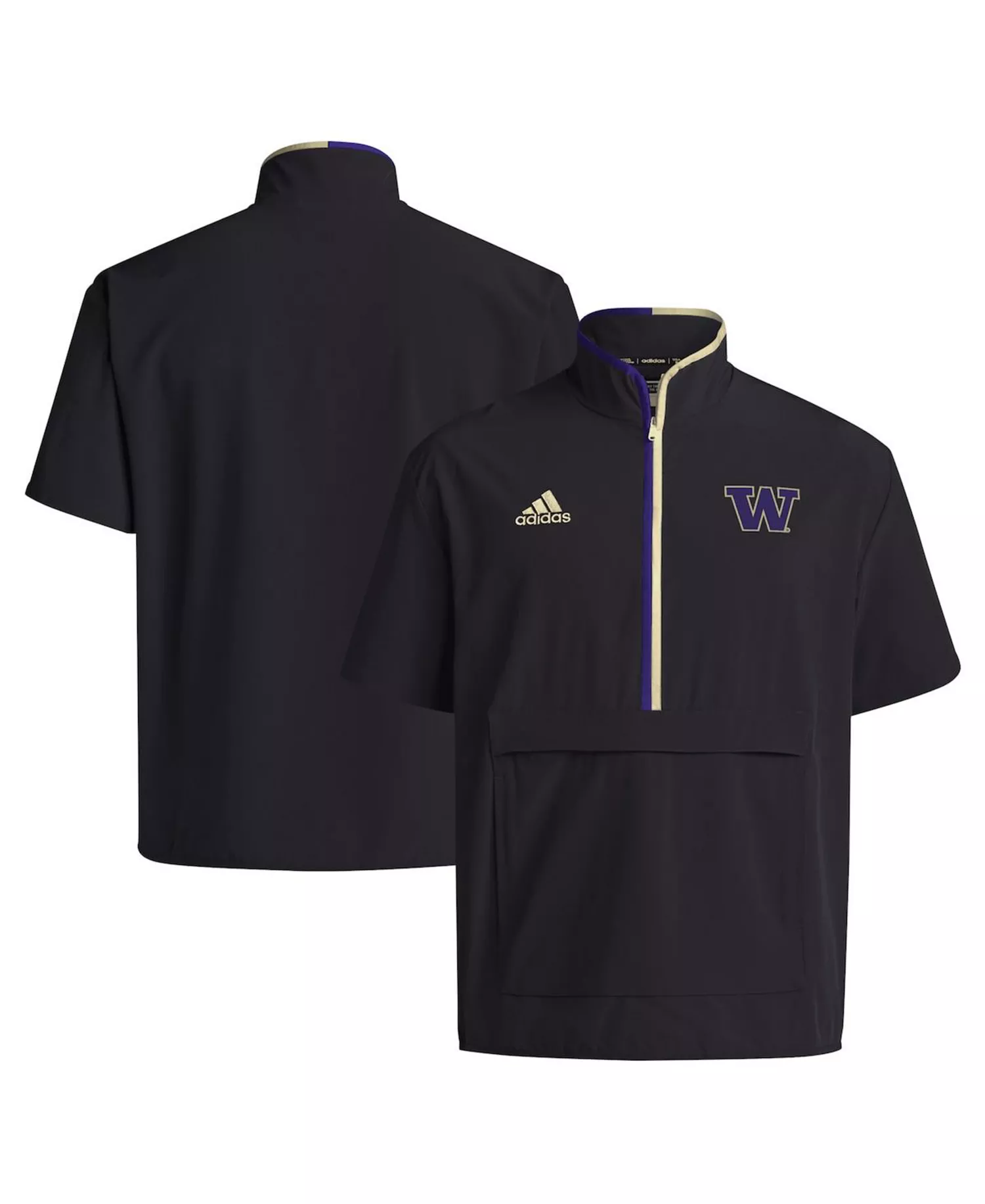 mni-c2e4aab1afdc7196ec859fb3eba6f801 Men's Black Washington Huskies 2024 Coaches Sideline Half-Zip Short Sleeve Jacket