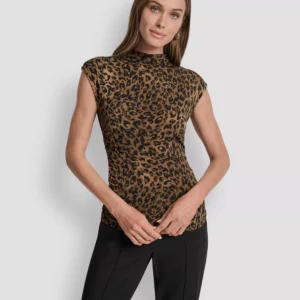 Women's Printed Mock Neck Cap-Sleeve Top