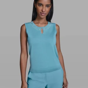 Women's Pearl-Detail Keyhole Sleeveless Sweater