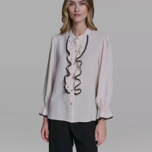 Women's Ruffle Lace Trim Long-Sleeve Blouse