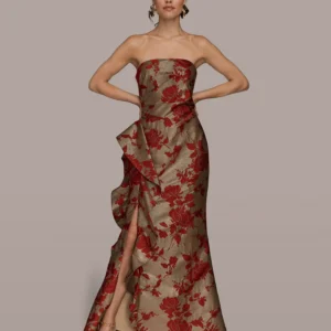 Women's Strapless Floral Gathered Ruffled Gown with Split Hem Dress