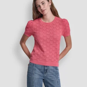 Women's Short Sleeve Crew Neck Lace Pointelle Sweater