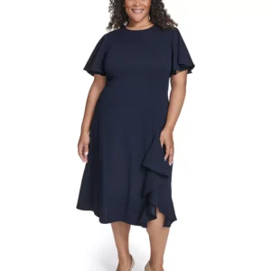 Plus Size Flutter Sleeve Round Neck Midi Dress