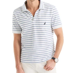 Men's Classic-Fit Stripe Seersucker Johnny Collar Pocket Polo Shirt