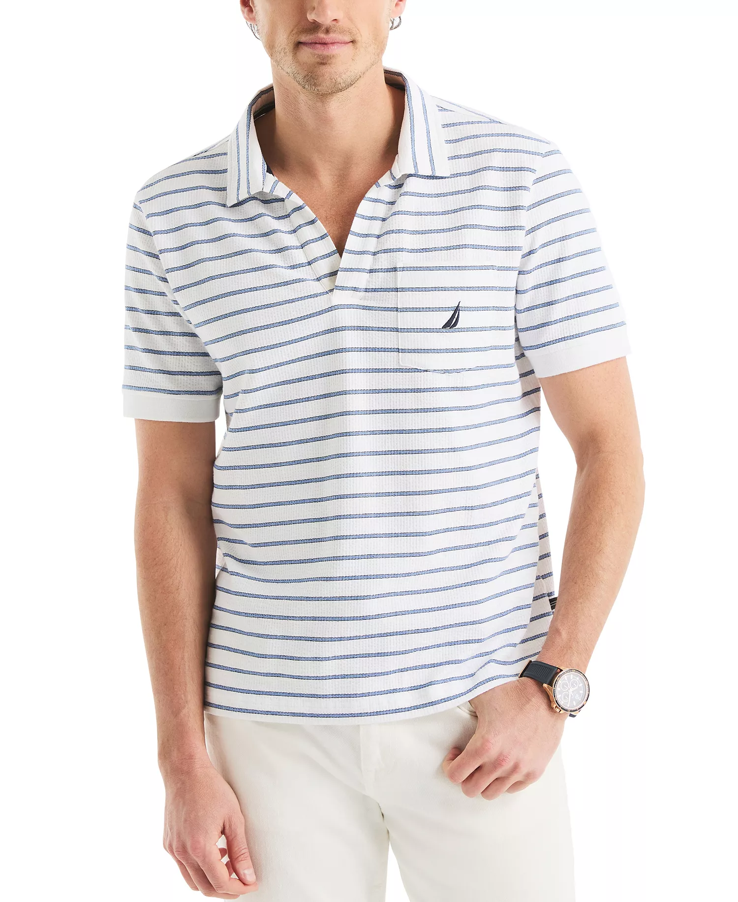 mni-c6b60dd4e751c362c20b07de43bdc5a2 Men's Classic-Fit Stripe Seersucker Johnny Collar Pocket Polo Shirt
