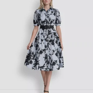 Women's Short-Sleeve Drop Waist Belted Maxi Shirt Dress