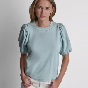 Petite Dome Studs Mini Ruffle Puff-Sleeve Crewneck T-Shirt