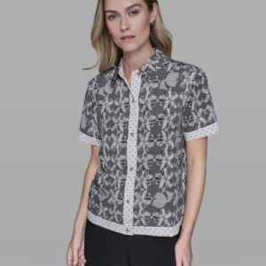 Women's Lace Print Detail Camp Shirt