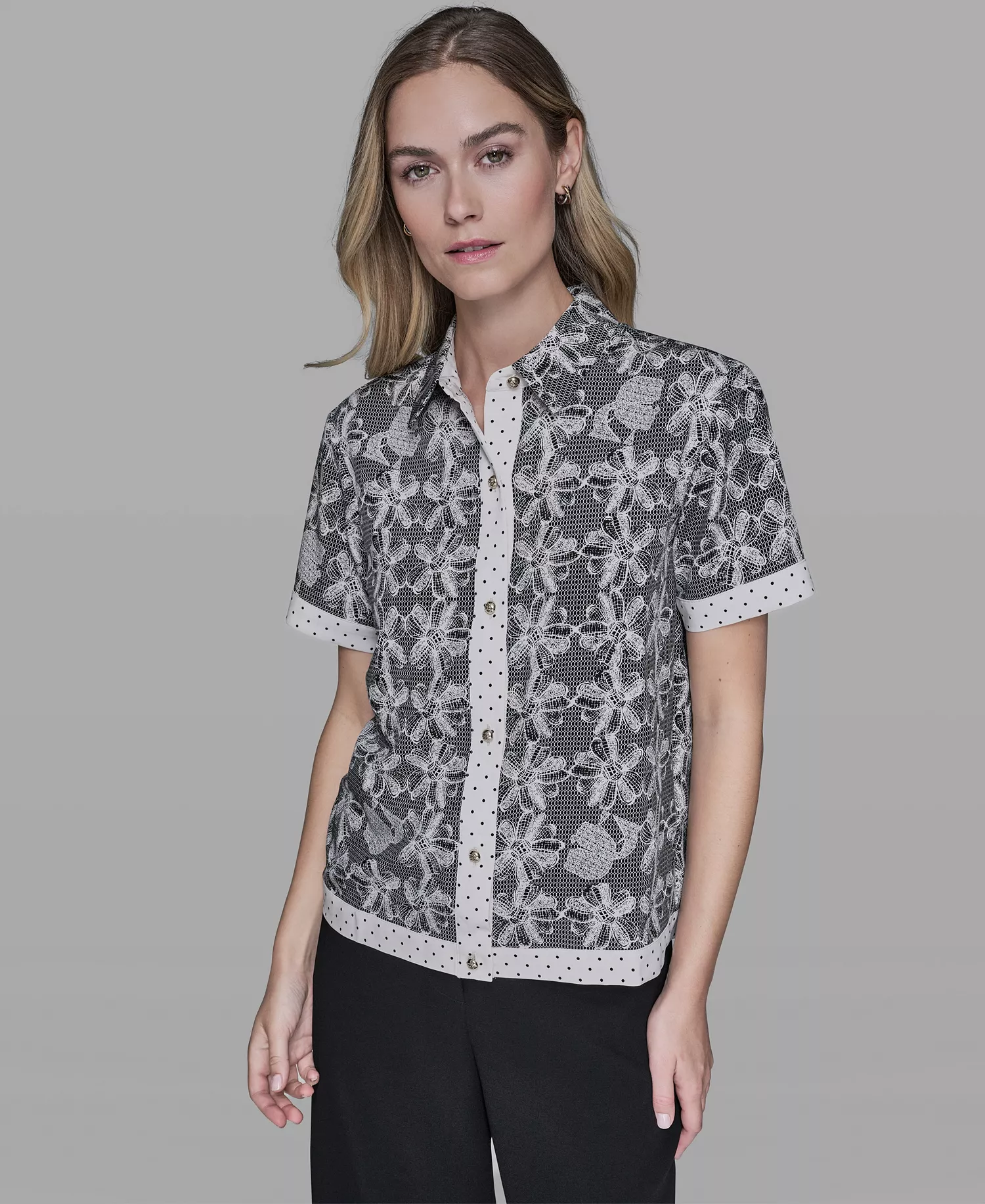 mni-c96f3f3d7efc77a2aae4d3ae6b13cacf Women's Lace Print Detail Camp Shirt