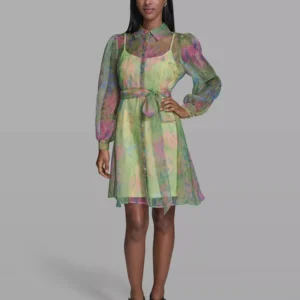 Women's Printed Puff-Sleeve Collared Dress