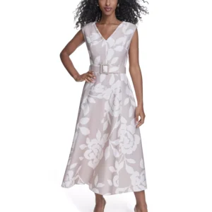 Women's Scuba Belted V-Neck Midi Dress