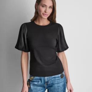 Women's Puffed Crew Neck Mix Media Knit Top
