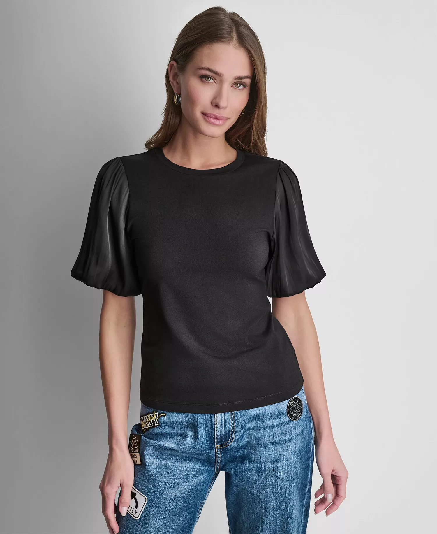 mni-cb767a10370728f3582370c6686e636e Women's Puffed Crew Neck Mix Media Knit Top