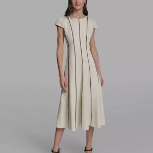 Women's Vertical Striped Piping Midi Dress