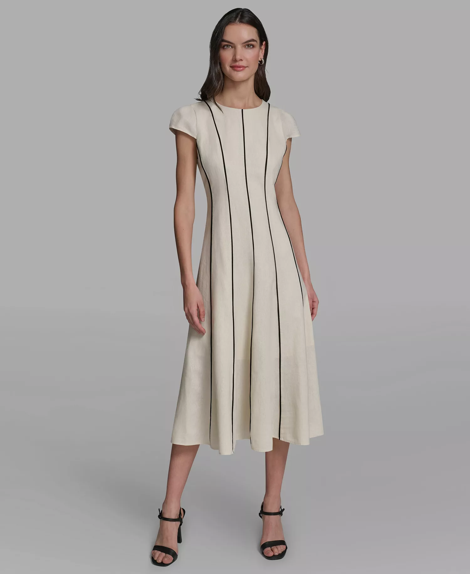 mni-cba59069b180ca50d523796e5617f253 Women's Vertical Striped Piping Midi Dress