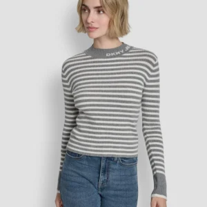 Women's Long-Sleeve Mock Neck Rib Striped Sweater