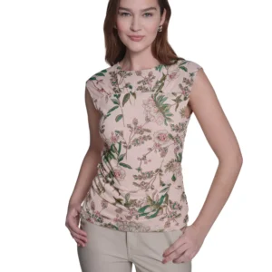 Women's Ruched Side Seam Crew Neck Floral Top