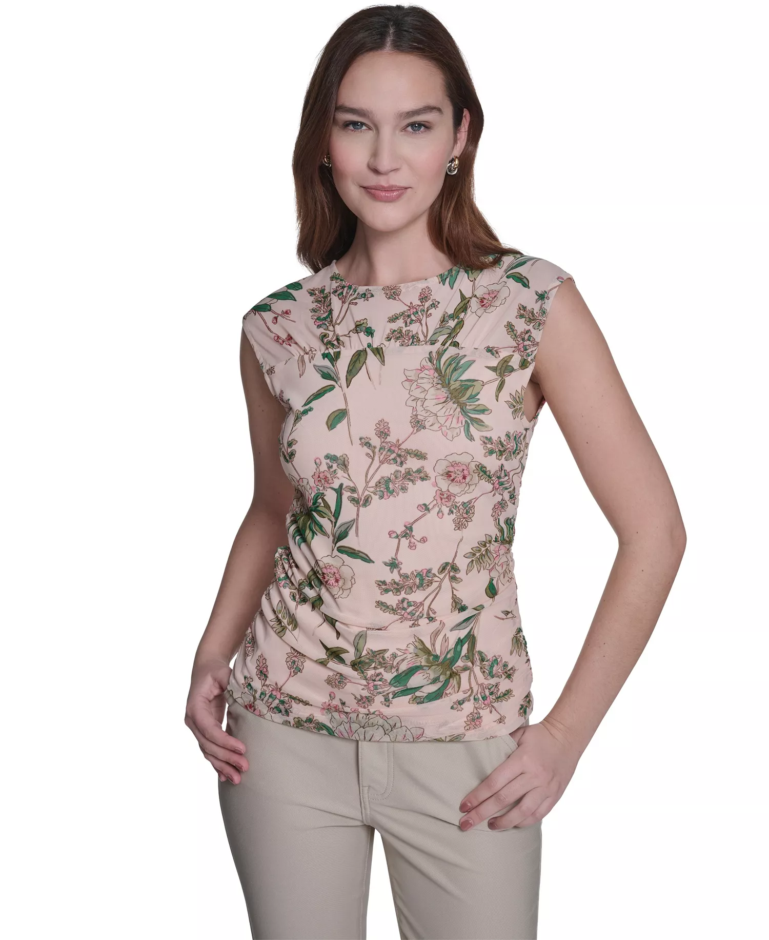 mni-ce50cd67bc6d8cb57e6f1c8d0d97616f Women's Ruched Side Seam Crew Neck Floral Top