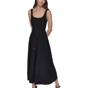 Women's Scoop-Neck Belted Sleeveless Midi Dress
