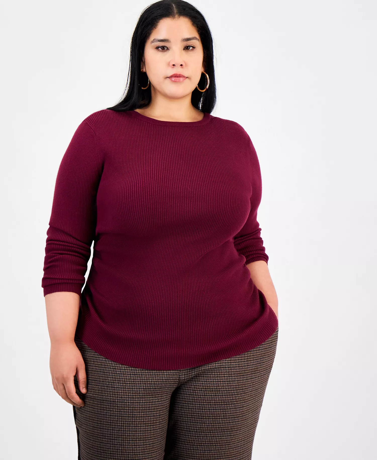 mni-cf80c771f759f76751bba94a89485eb6 Trendy Plus Size Long Sleeve Ribbed Knit Top, Macy's Exclusive — изображение 3