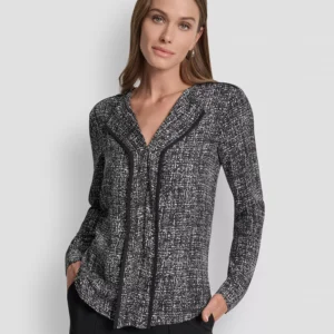 Women's Printed Contrast-Trim V-Neck Top