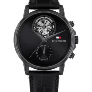Men's Multifunction Black Leather Strap Watch, 40mm